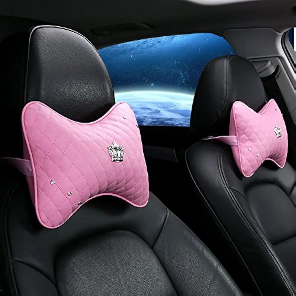 Fashion Car Seat Pillow with Cervical Support and Imperial Crown Design, Pink