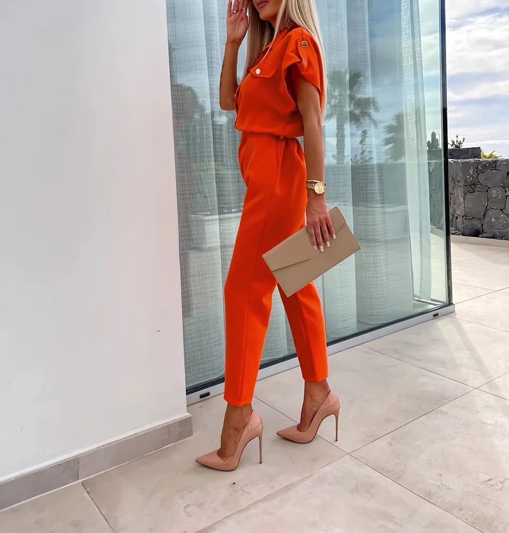 Summer New Casual Jumpsuit Women Rompers Pink Elegant Fashion Short Sleeves Pockets  Elastic Waist Trousers Jumpsuits Streetwear