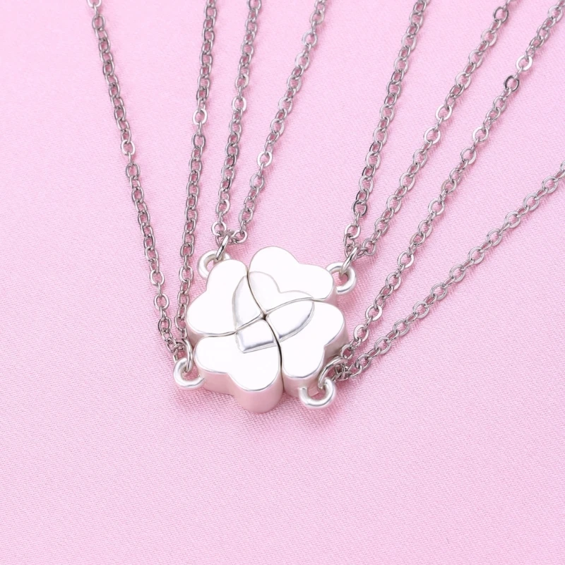 M2EA 4 Piece Four Leaf Clover Stitching Necklace Magnet Stone BFF Friendship Heart Pendant Chain Choker Necklace Jewelry