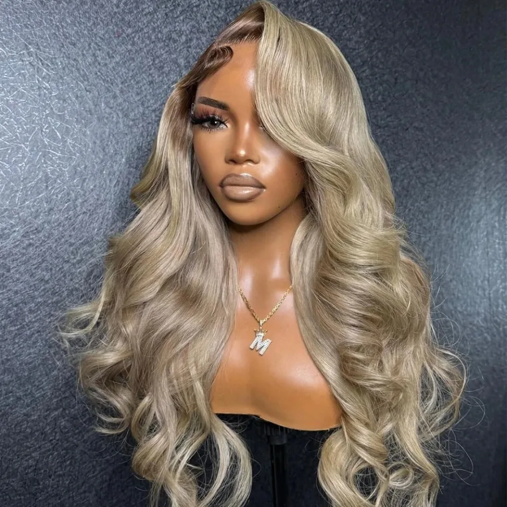 28 Inch Ombre Blonde Colored Natural Wave For Women Body Wave Ombre Ash Blonde Wig 13X4 Hd Lace Frontal Glueless Wig Daily Party