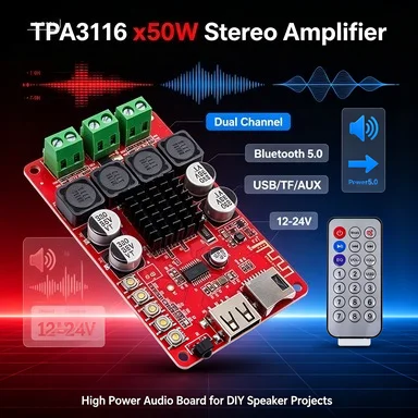 XH-M422 TPA3116D2 50Wx2 Digital Amplifier, USB/TF Player, Bluetooth 4.2, 12-24V DC