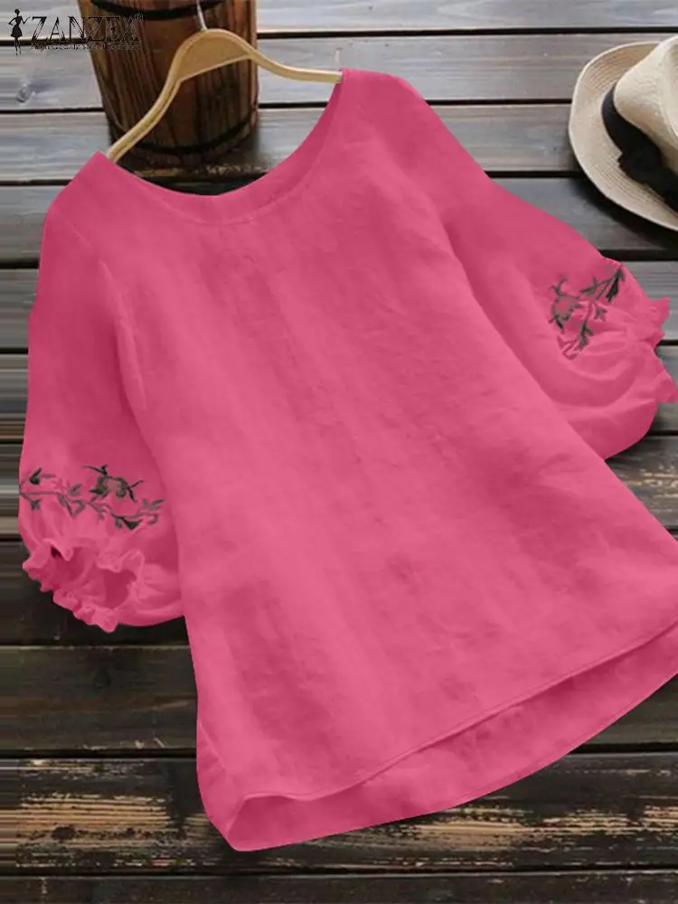 ZANZEA Women Elegant 3/4 Lantern Sleeve Blouses 2024 Summer Casual Crinkled Fabric Embroidery Blusas Holiday Everyday Tunic Tops