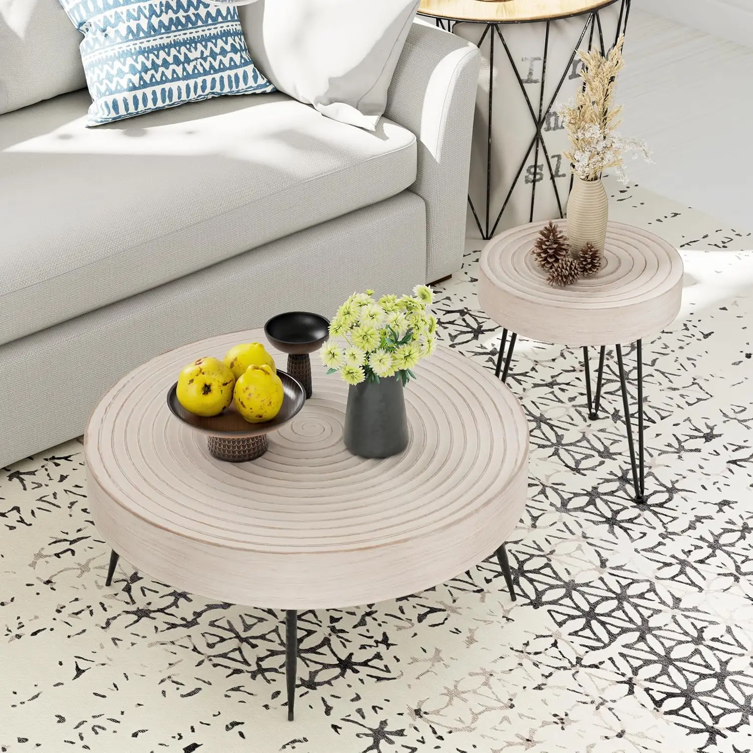 Juego de mesa para centro de salón de granja moderna de 2 piezas, mesa redonda con acabado natural y motivo de anillo de madera hecho a mano, blanco