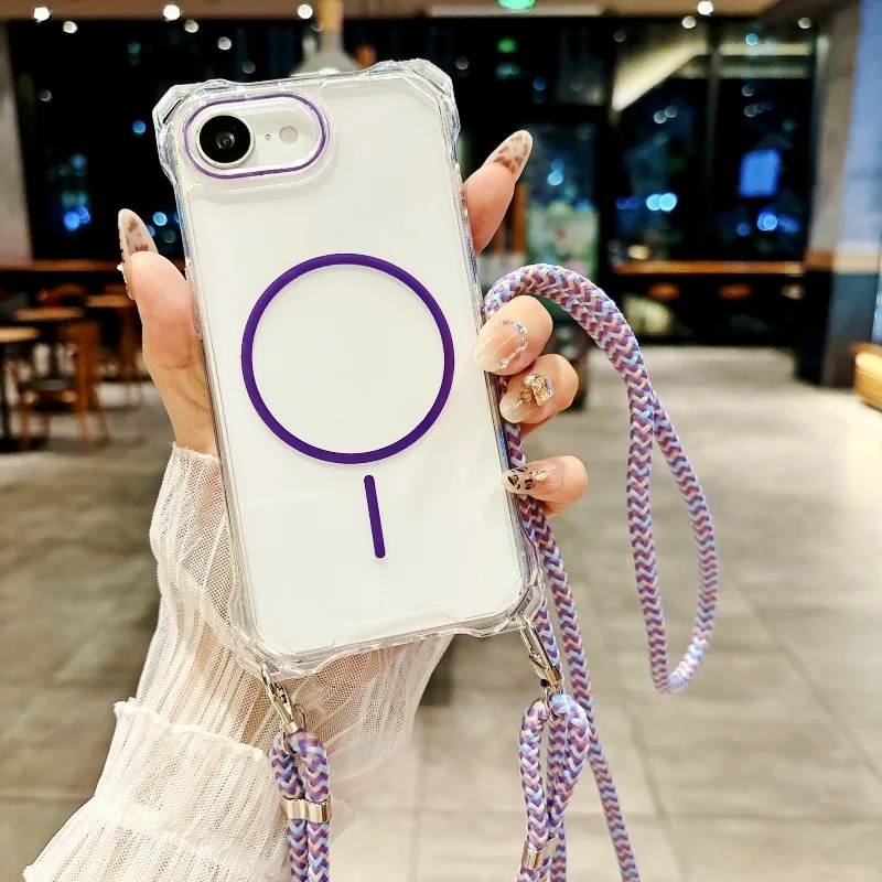 

Strap Magnetic Case For iPhone 17 16 Pro Max 15 14 Plus 13 12 16E Shockproof Four Corner Hook Crossbody Lanyard Cord Clear Cover
