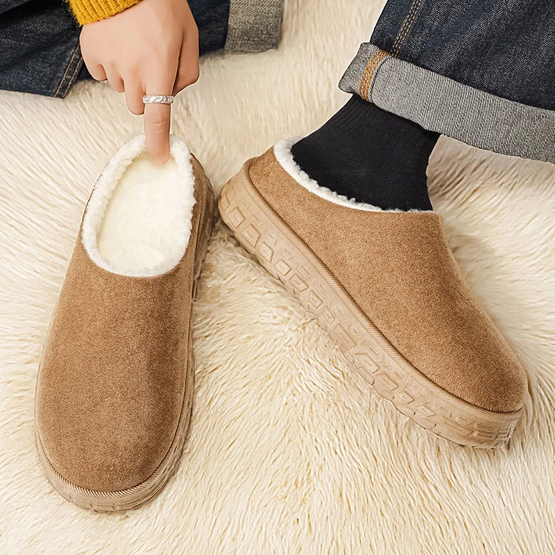 Winter Men Warm Fleece Lined Closed Toe Slippers Slip‑on Winter Backless Snow Boots Mules Platform Cotton Casual Shoes Household