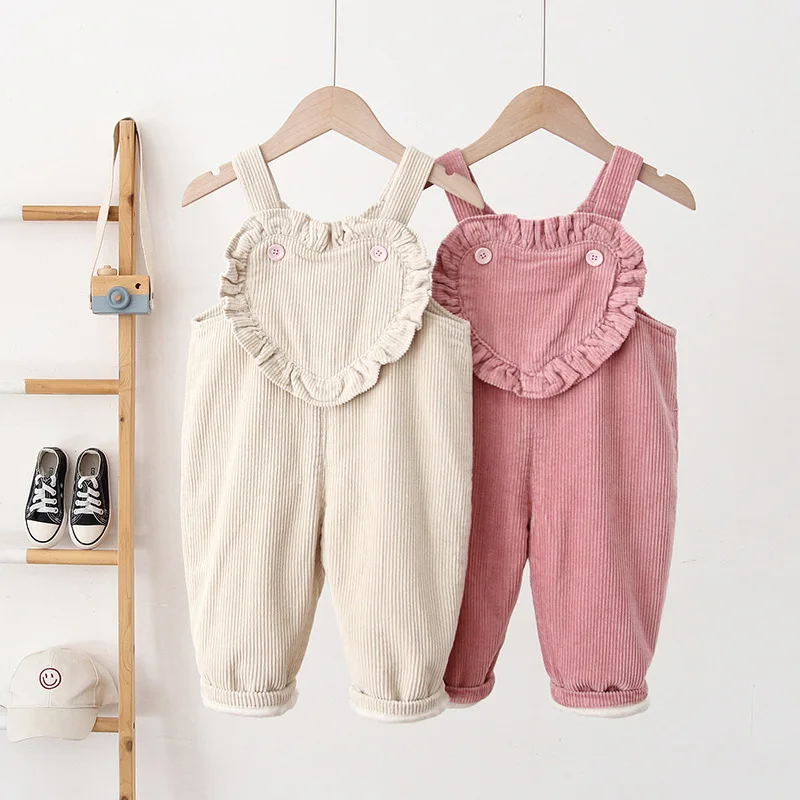 MILANCEL Winter 0-3Y Kids Overalls Fur Lining Boys Pants Front Heart Girls Jumpsuits Thicken Lining Baby Clothing