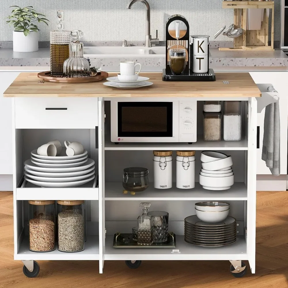 Kitchen Island with Foldable Counter Top,Slide-Out Shelf, Towel Rack and Drawer,Kitchen Cart on Wheels,Living Room, Dining Room