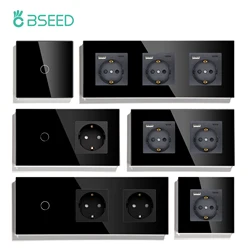 BSEED 터치 스위치, 1 방향 조명 스위치, EU 벽 소켓, USB C타입 전원 콘센트, 유리 패널, 블랙, 1, 2, 3 갱