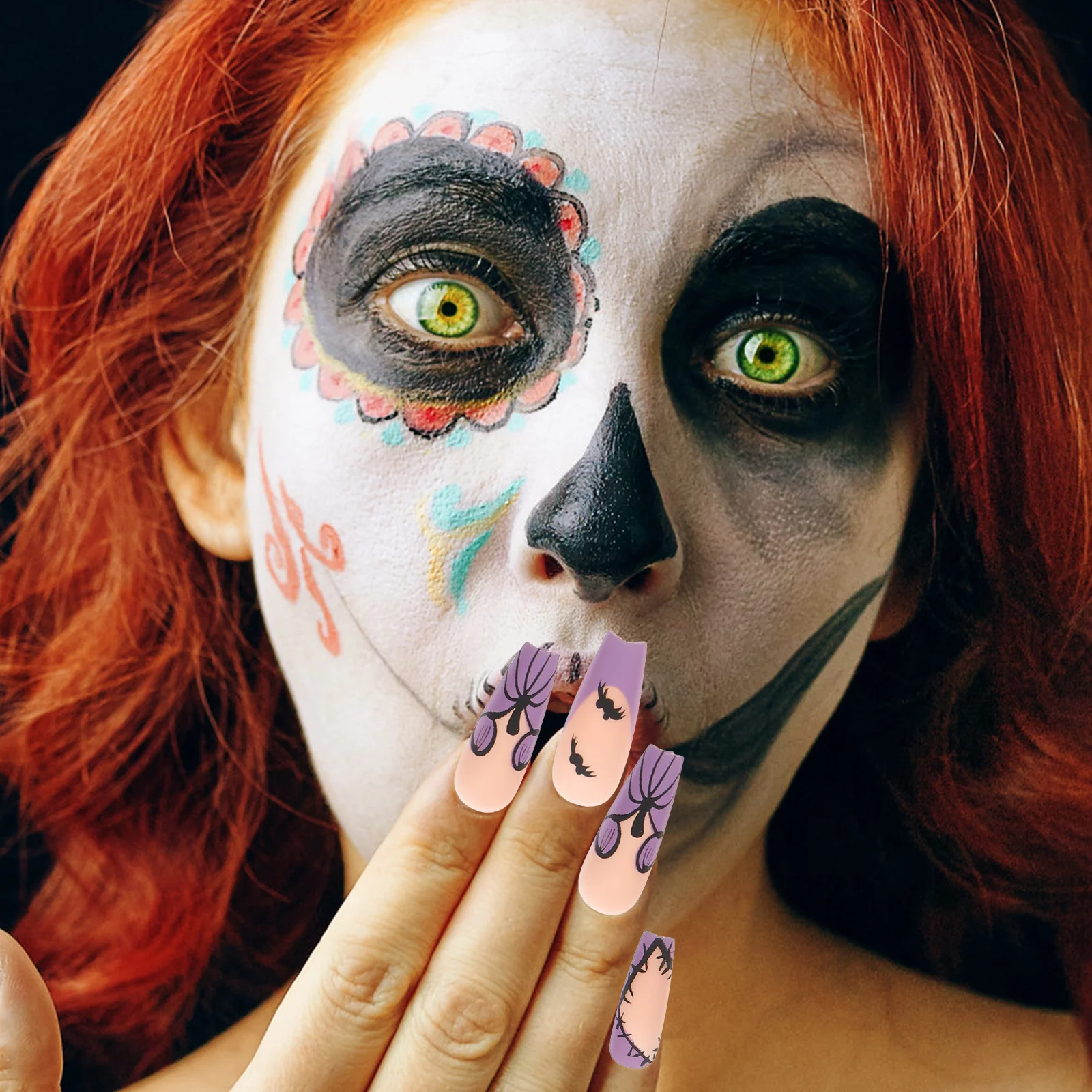 

24 False Halloween Press Halloween Press On Nails On Black White Skull Manicure DIY Supply Artificial Nail Craft Decor