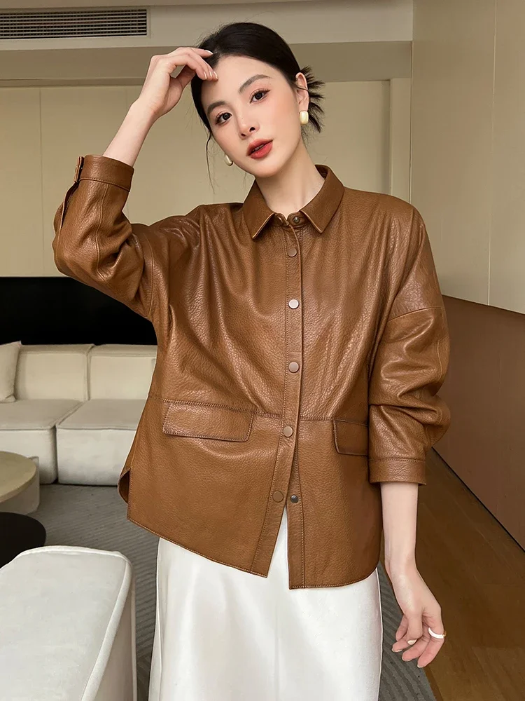 

High-end Casual Genuine Leather Jackets for Women 2024 New Trend Lychee Texture Solid Simple Loose-fit Natural Sheepskin Coat