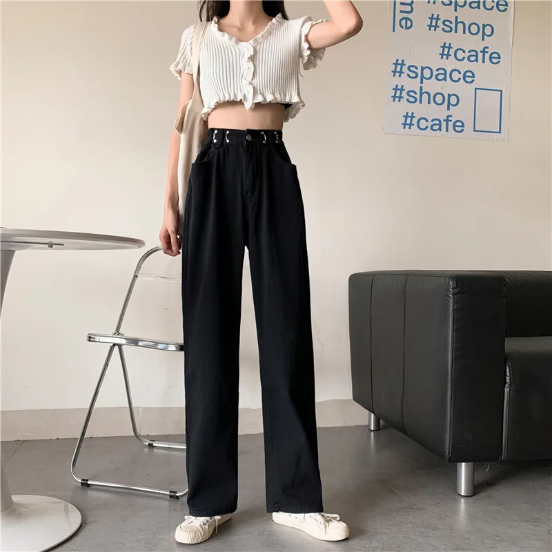 بنطلون جينز Bla عالي الخصر وواسع الساق للنساء فضفاض ومستقيم ورقيق للصيف بالإضافة إلى مقاس كبير بطول الأرض