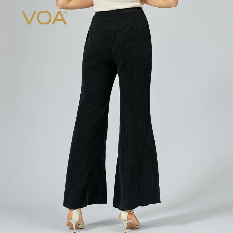 VOA 46 m/m Schwergewicht Seide Ungebunden Schwarz Büro Damen Gestreifte Seite Taille Reißverschluss Ausgestellte Hosen Frauen Böden Hosen Frühling KE668
