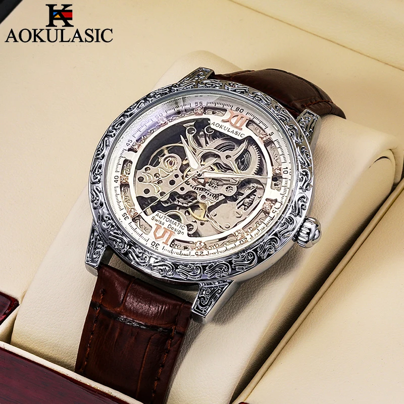 

AOKULASIC лучший бренд деловые мужские механические часы модные роскошные автоматические светящиеся часы со скелетом мужские водонепроницаемые спортивные часы
