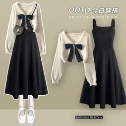 2024 Autumn Winter Fashion Short Knitting Sweater+Dress Two-piece Korean Elegant Bow Top Black Skirt Set