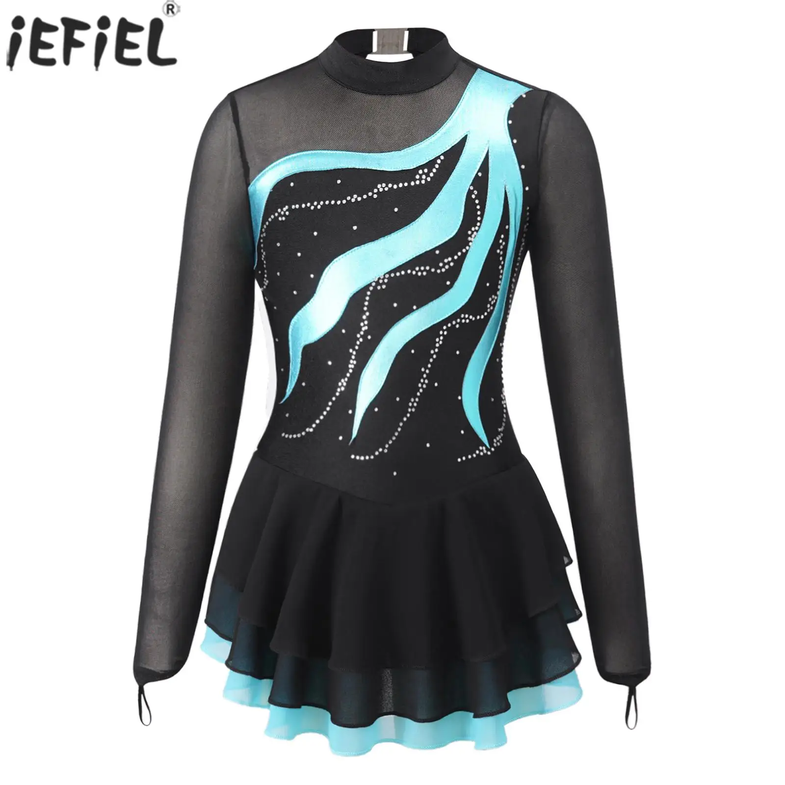 Kids Girls Rhinestone Figure Skating Dress Mesh Splice Ballet Dance Gymnastics Leotard Stage Performance Competition Dancewear