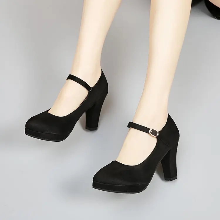 Pointed Toe Thin Heel One Word Buckle Band Womens Pumps Sexy Solid Flock Platform Work Shoes big Size High Heels