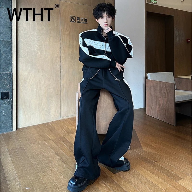 WTHT Fashion Men's Heavy Industy Rivets Spliced Coats Trendy 2026 Spring Contrast Color Wide Leg Casual Pants Male 2A2787
