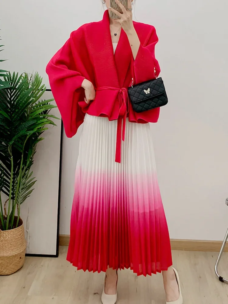 EGRM Gradient Pleated Fashion 2 Piece Set Women Belt Batwing Sleeves Tops A-line Folds Long Skirt Elegant Party New Sets 32C1389