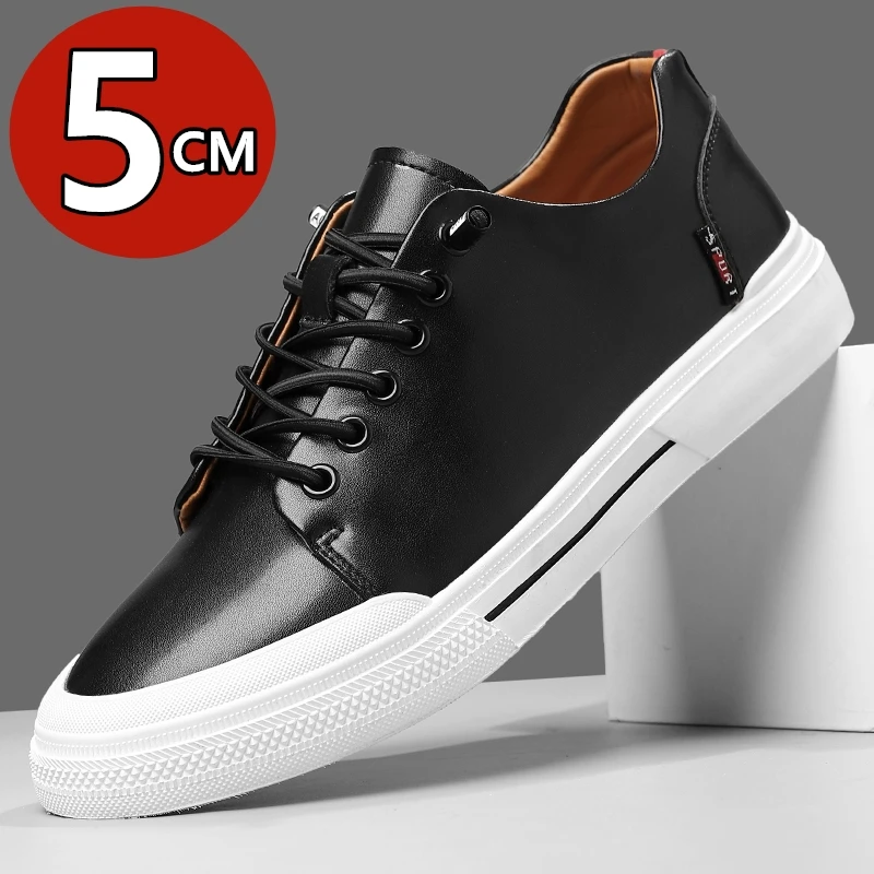 Nuevos Zapatos Deportivos con Aumento de Altura Invisible de 5CM para Hombre, Zapatos Elevadores de Cuero Genuino Blanco
