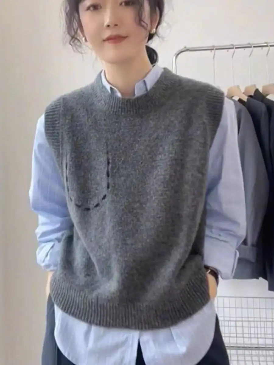 

Pure Wool Knitted Vest Women's round Ne Svel Overlap Autumn Winter Warm Casual Sle Soft Woolen Sweater Cardigan