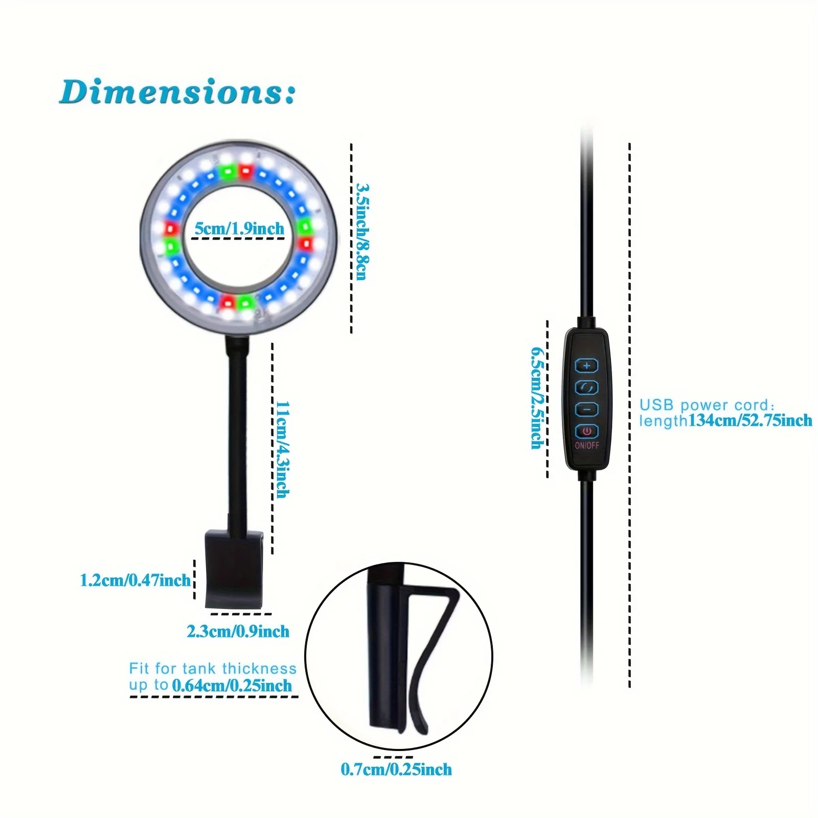 Small Aquarium Light Clip On Aquarium Light for 1 to 3 Gal Fish Tank (Dimmable White+Blue+Red LED) Fish Tank Light Clip