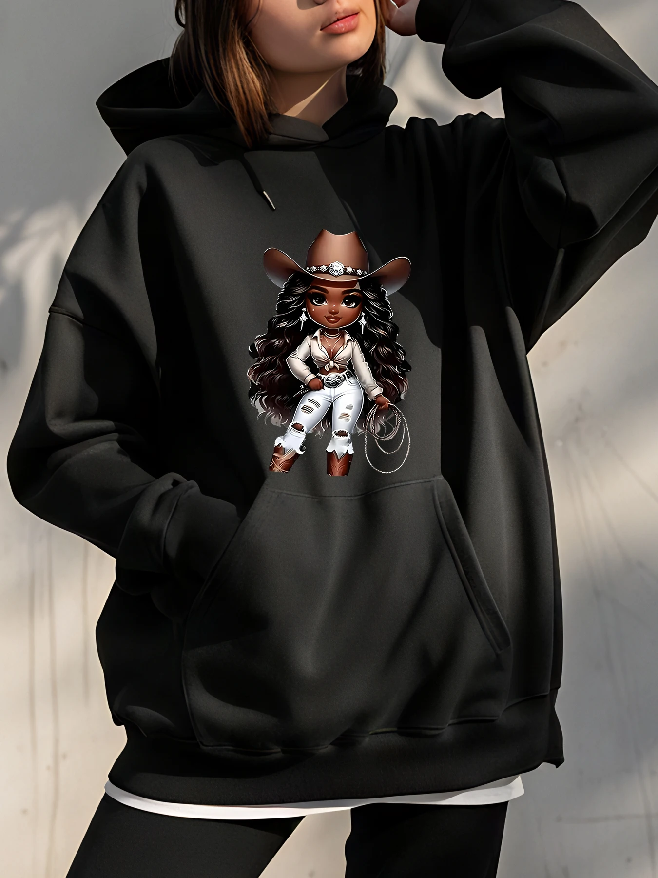 

【Cowboy Theme】Printed Hoodie Loose Fit Western Style Cartoon Cowgirl Design, Women, Casual Outfit