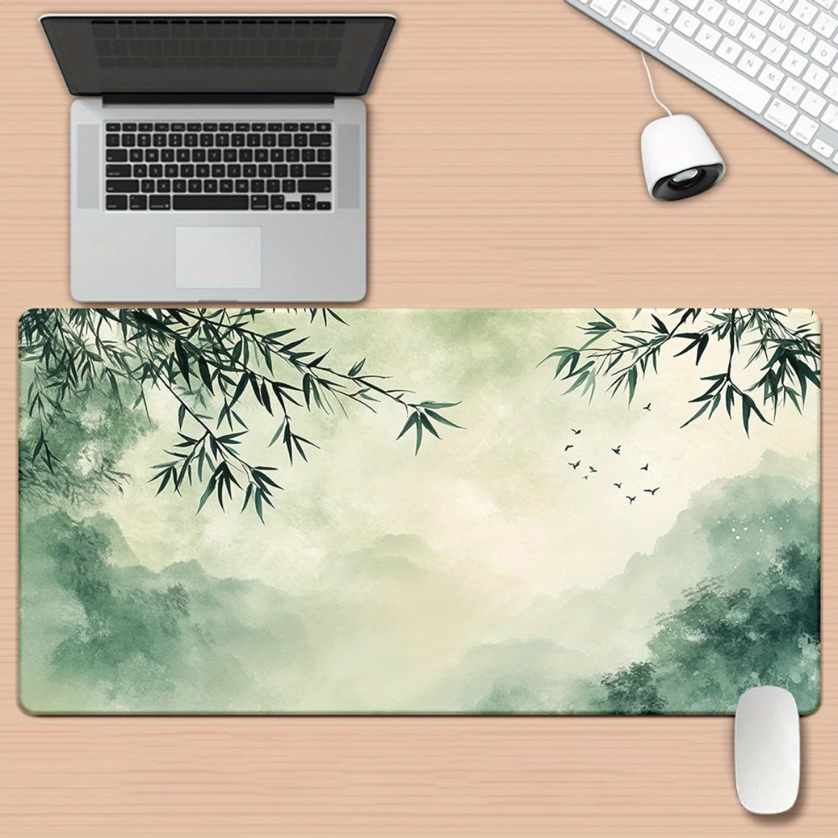 Green Bamboo Landscape Gaming Mouse Pad, Large Non-Slip Desk Mat with Chinese Ink Wash Design for Gamers & Home Office