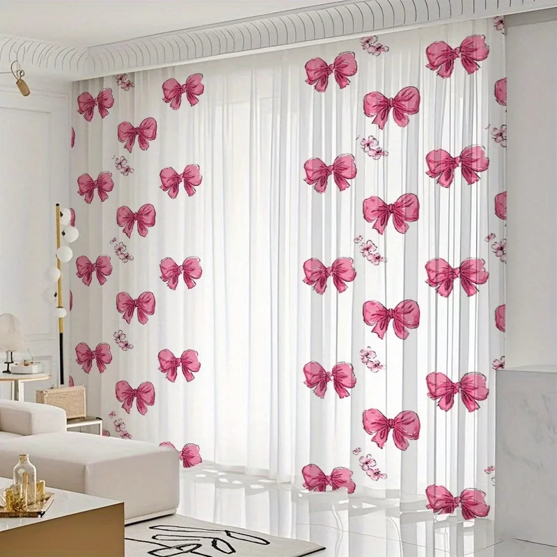 2PCS Digital Printed Sheer Curtain, Tiny Bow Ribbon Print, Cute Coquette Mini Bow Decor for Living Room Bedroom Home Decor