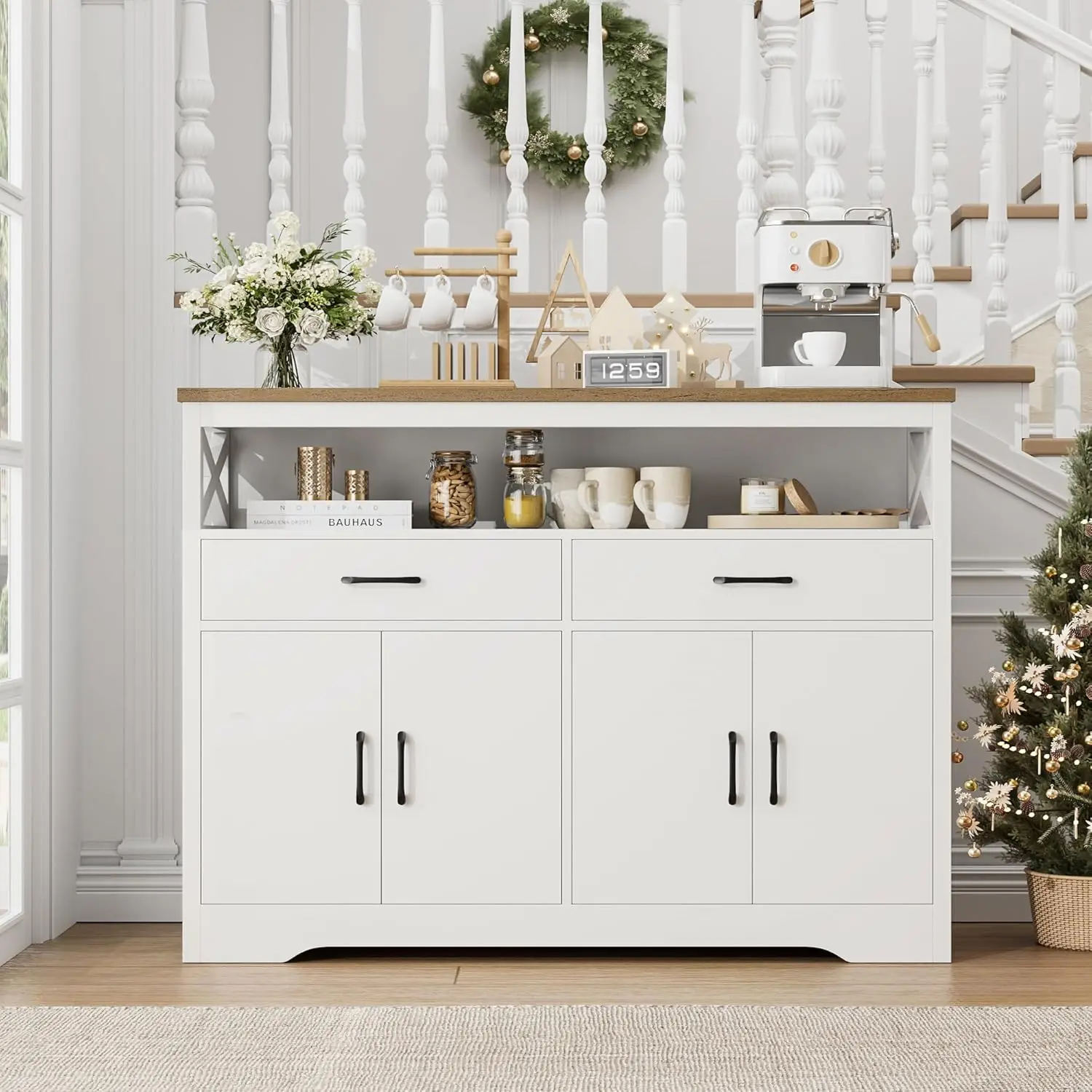 47' 모던 팜하우스 사이드보드 뷔페 캐비닛, 서랍과 선반이 있는 목재 수납장, 화이트 브라운