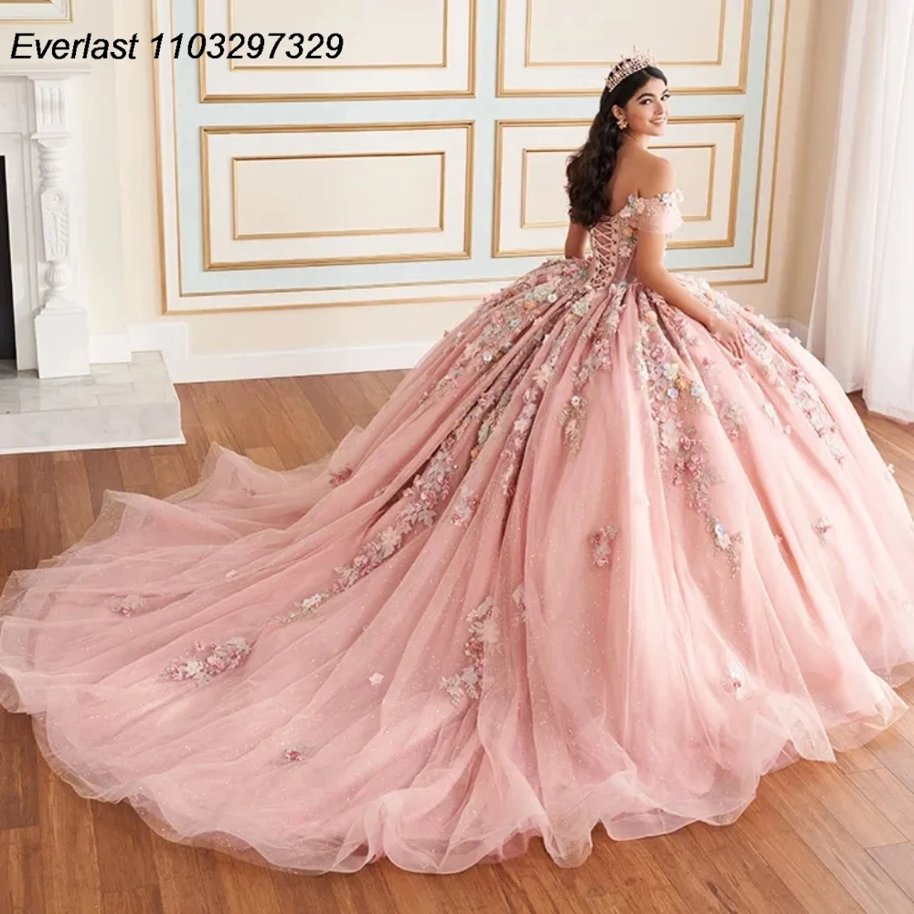 EVLAST Customized Pink Quinceanera Dress Ball Gown 3D Floral Applique Beading Mexican Corset Sweet 16 Vestidos De 15 Anos TQD845