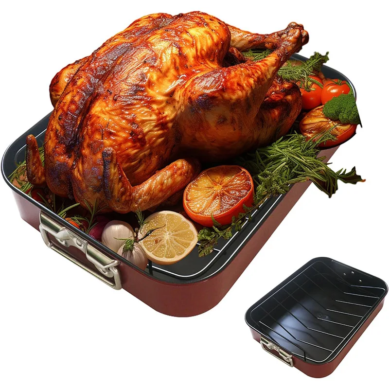 

Roasting Pan Carbon Steel Turkey Roaster Pan With Baking V-Shaped Baking Rack For Roast Chicken Vegetable Baking Kitchen Tools