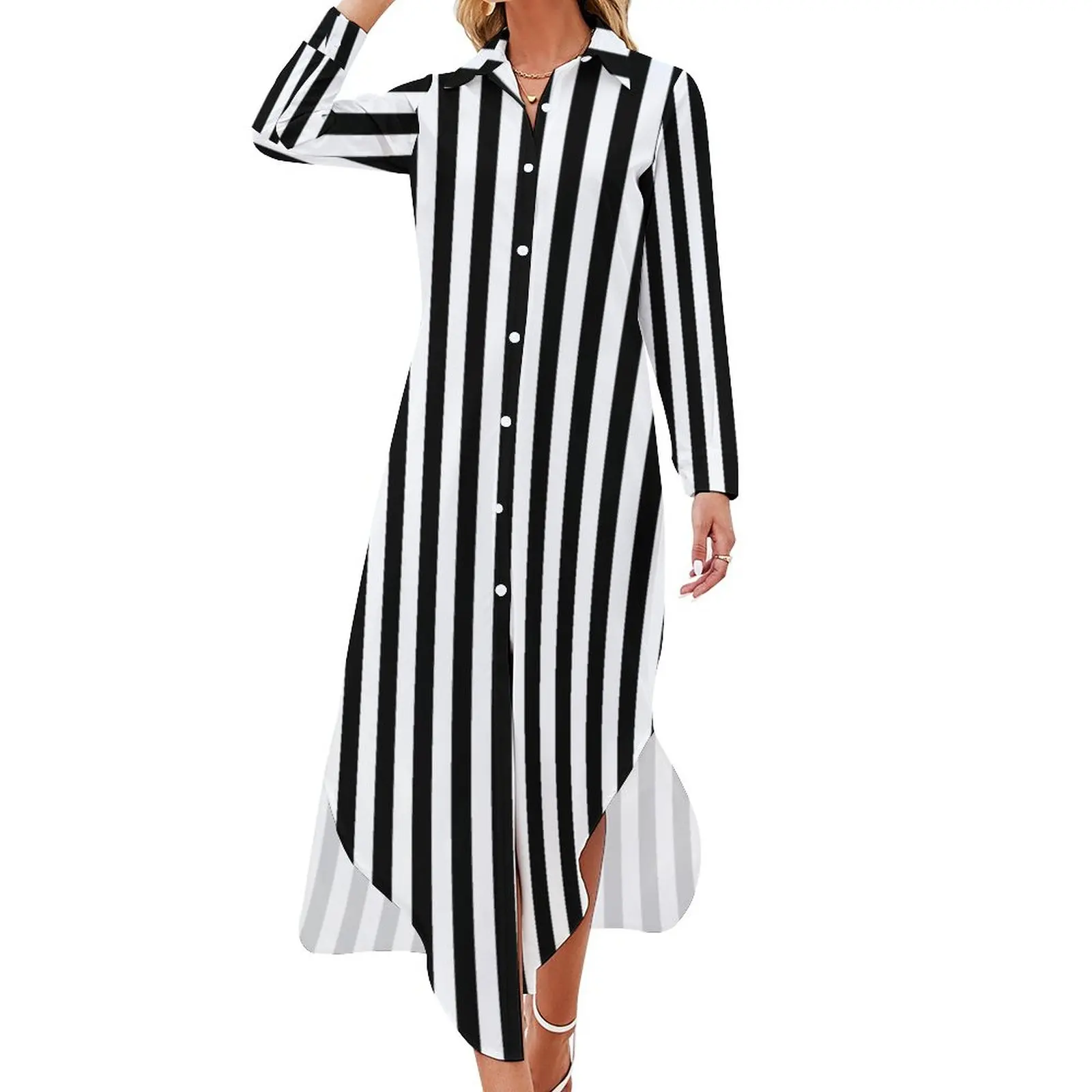 Classic Striped Casual Dress Black White Stripes Streetwear Dresses V Neck Festival Chiffon Dress Long Sleeve Vestido Big Size