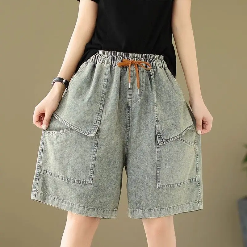 Estate delle Donne Sottile Elastico Denim Orts Coreano Allentato Dimagrante di Grandi Dimensioni Pantaloni a Cinque Parti a Vita Alta Metà Stretch Origine Cinese