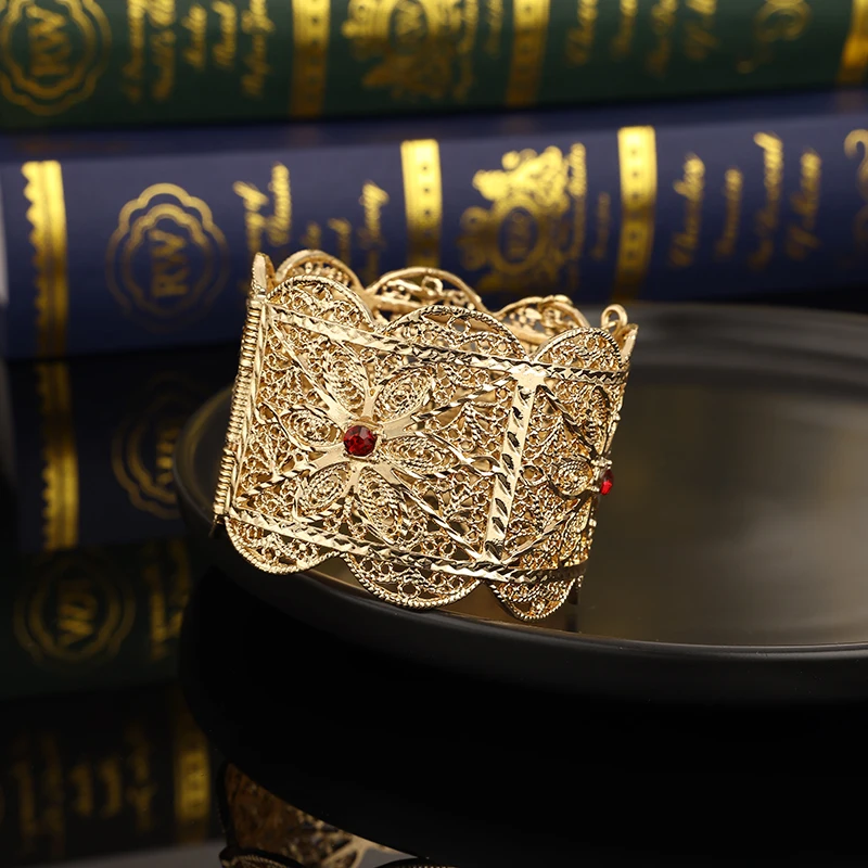 جزائرية العروس مجوهرات الزفاف موضة العربية العرقية نمط الإسورة الذهبي الجوف خارج Lacework الكفة سوار الحاضر