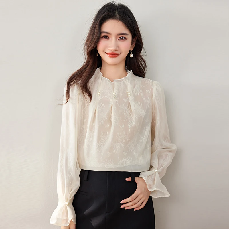 

Women's Long Sleeve Lace Blouse Summer Autumn Tops Chic Beaded Apricot Shirt Fashion Casual Blouses Blusas Mujer 2025