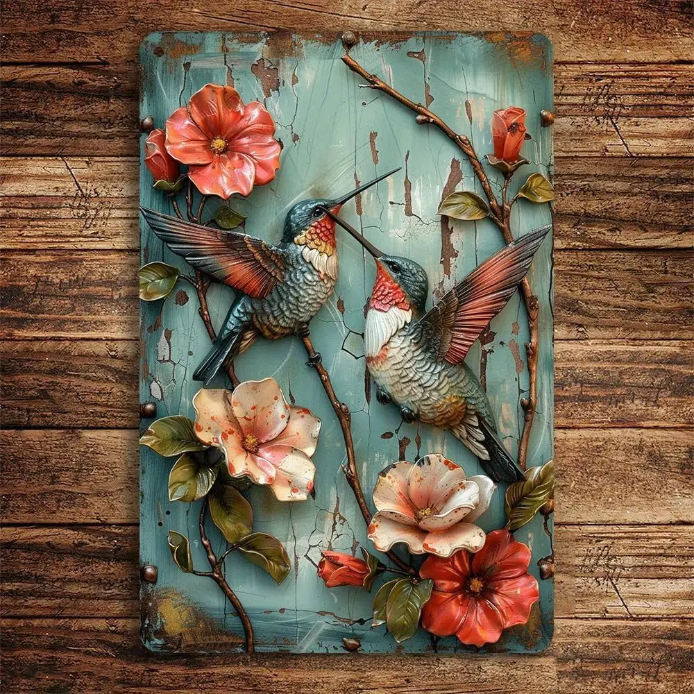1pc Vintage Tin Signs  , Vintage Hummingbird Flower Wall Decor, Home Bedroom Bar Cafe Office Farm Wall Art Decor, Metal Tin Sign