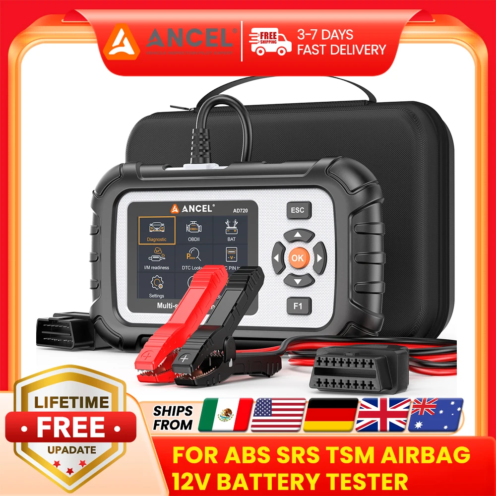 

ANCEL AD720 Автомобильный сканер OBD2 ABS SRS Трансмиссия Подушка безопасности Проверка двигателя Автомобильный считыватель кодов Автомобильный диагностический инструмент Пожизненный бесплатно