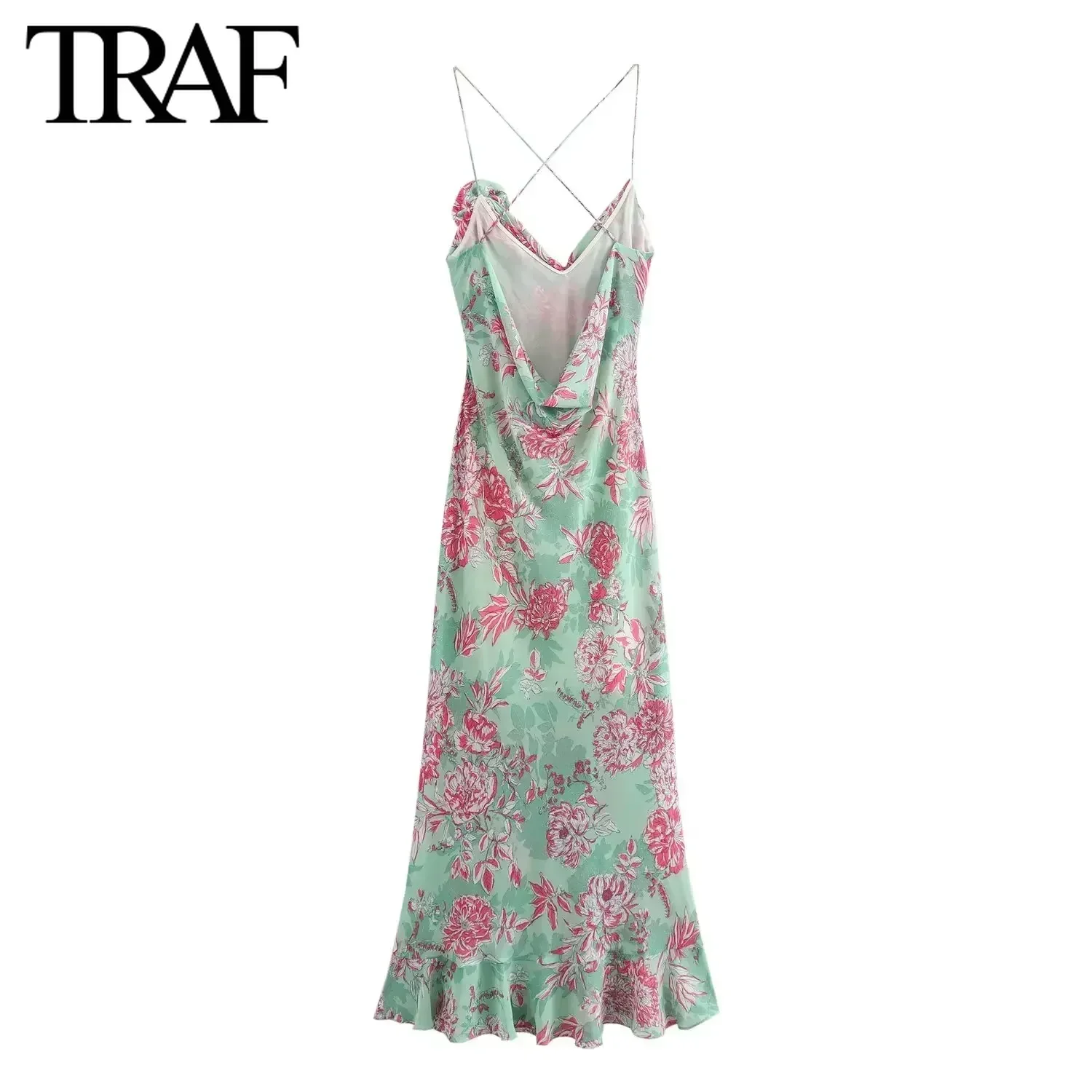 TRAF Women Fashion Underwear Style Printed Sleeveless V-neck Backless Sling Long Dress Chic Female French Elegance Evening