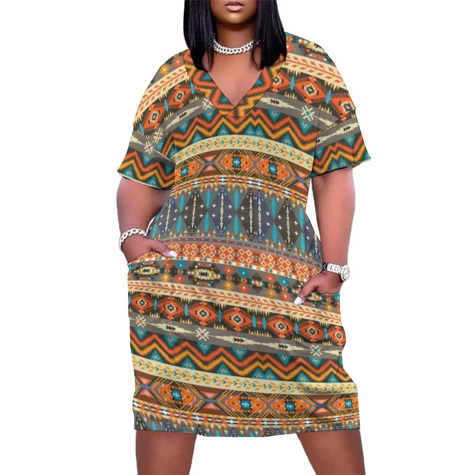 

Colorful tribal pattern with geometric elements Loose Pocket Dress Elegant gowns Evening gown
