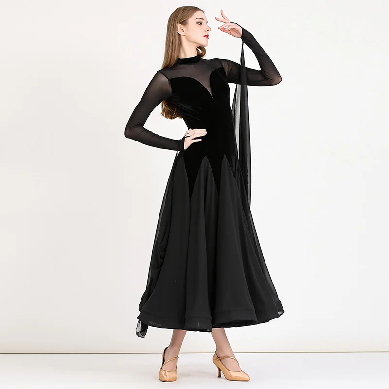 여성을위한 블랙 벨벳 표준 볼룸 댄스 드레스 고품질 WaltzTango 플라멩코 의상 레이디 경쟁 댄스 드레스