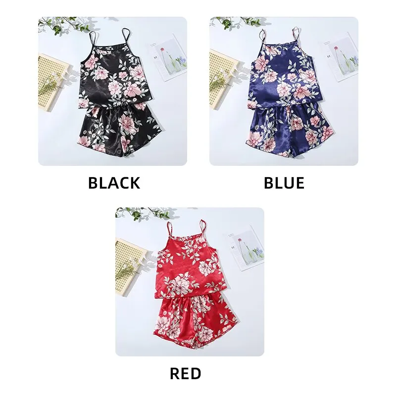 Women Sexy Pajamas Sleepwear Pajama Set Nightgowns Camisole And Shorts Black Red L XL XXL Flower Printing Summer Casual