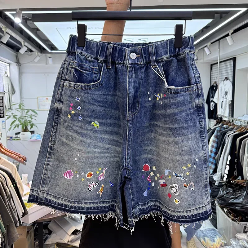 Elastic Waist Denim jeans Gray Blue Cute Colorful Cartoon Pattern Print casual denim shorts