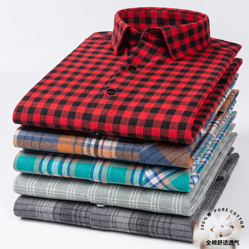 Plaid Shirt 2025 Spring Autumn Fashion 100% Cotton Long Sleeve Flannel Red Checkered Leisure Soft Regular Fit Brushed Male Blous