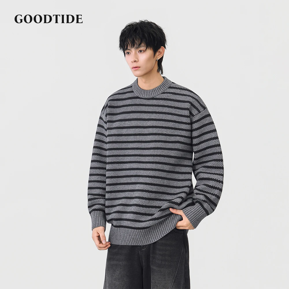 Fashion Men's Casual Crew Neck Sweater 2025 Winter New Stripe Knitted Pullover Comfortable Soft Long Sleeve Jumper Top