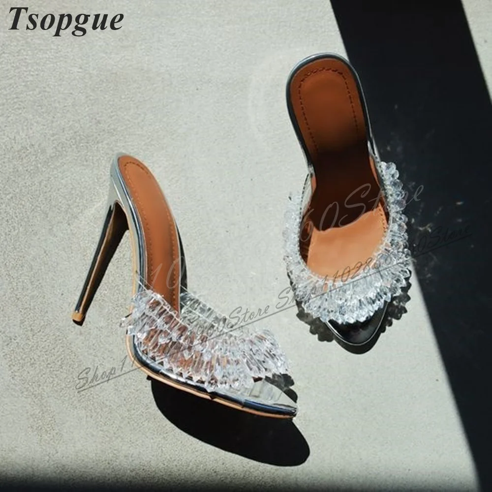 Clear PVC Crystal Decoration Luxury Slippers Thin High Heel Shoes For Women Slip On Peep Toe 2024 Fashion Zapatos Para Mujere