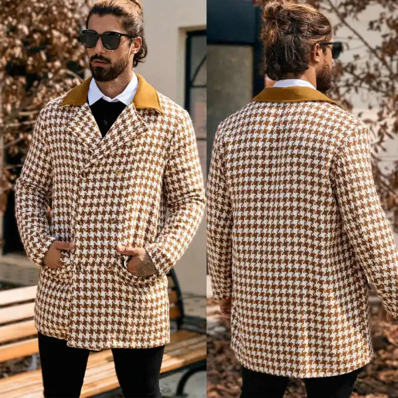 

Классическое мужское пальто с узором «гусиные лапки», цельное двубортное пальто средней длины, повседневная верхняя одежда для особых случаев, уличная теплая одежда на заказ