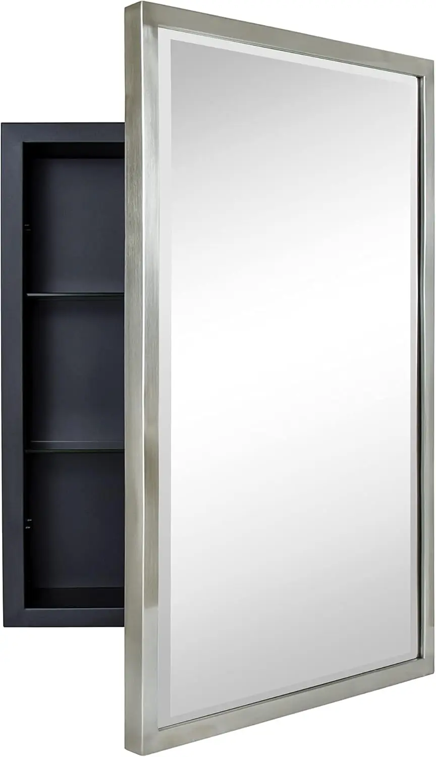 Brushed Nickel Metal Frame Recessed Bathroom Medicine Cabinet with Mirror, Rectangular Slanted Beveled Vanity Mirror