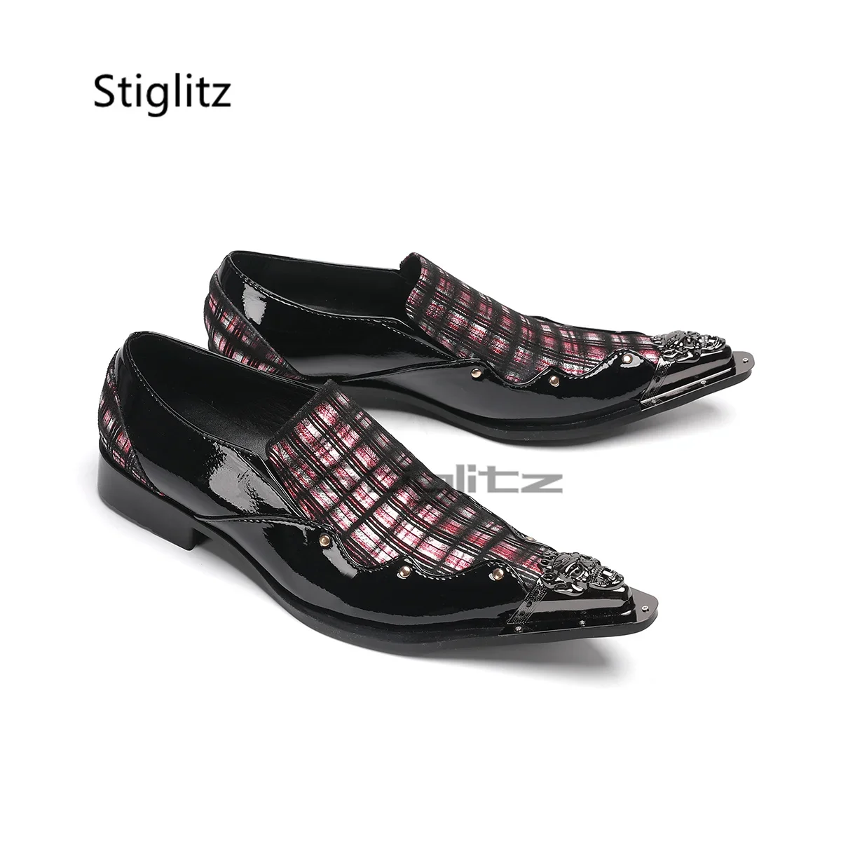 Men's Checkered Patckwork Leather Shoes Business Dress Shoes Iron Pointed Toe Oxfords Shoes Plaid Genuine Leather Party Shoes