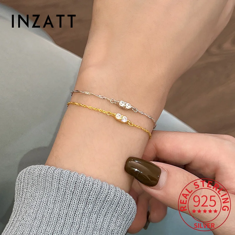

INZATT Real 925 Sterling Silver Shining Zircon Water Wave Chain Bracelet for Women OL Fine Jewelry Light Luxury Accessories