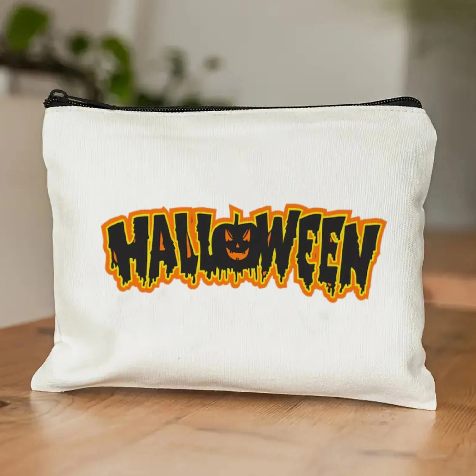 Borsa per cosmetici a tema Halloween Sfondo bianco "Halloween" e motivo zucca Stampa Tessuto lavabile e resistente compatto per portamonete